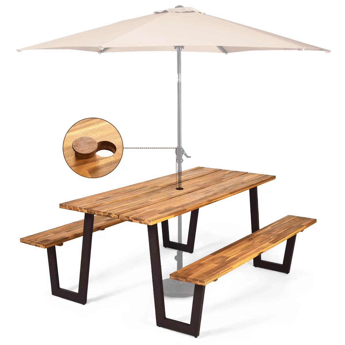 Patented Picnic Table with 2 Benches 70'' Dining Table Set with Seats and Umbrella Hole Q1715