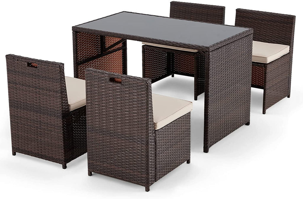 5 Pieces Patio Dining Set Rattan Chairs Glass Table T17376