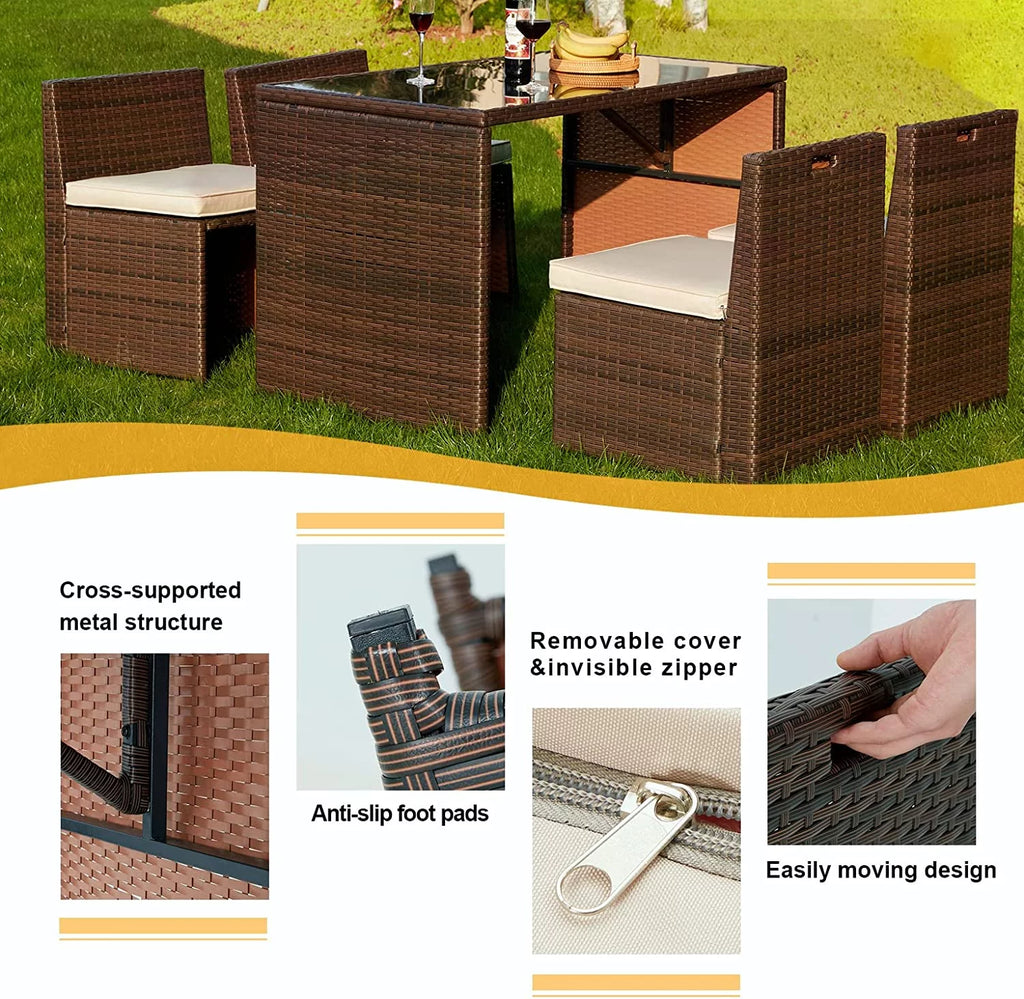 5 Pieces Patio Dining Set Rattan Chairs Glass Table T17376