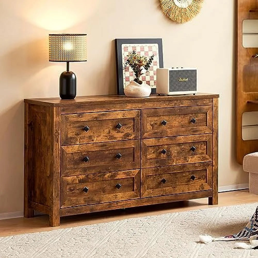 6 Drawer Wood Dresser with Vintage Grain Texture E39704