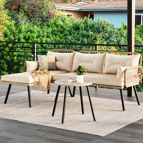 Beige Wicker Patio Furniture Set with Cushions and Side Table G99101
