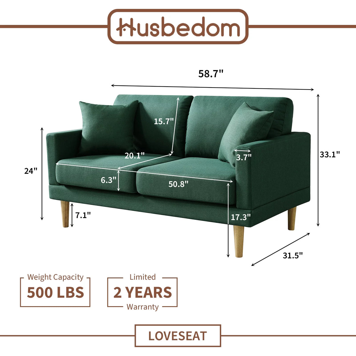 Dark Green Loveseat Sofa with Throw Pillow V809