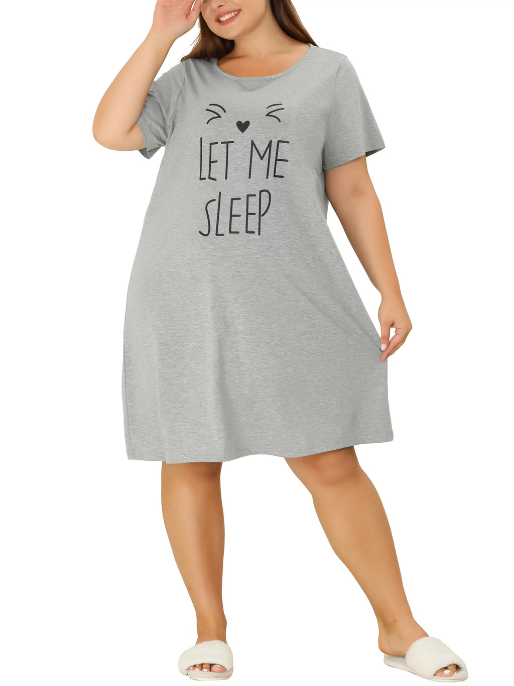 Plus Size Cat Prints Short Sleeves Nightgowns P155