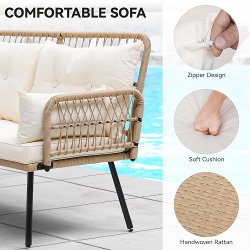 Beige Wicker Patio Furniture Set with Cushions and Side Table G99101