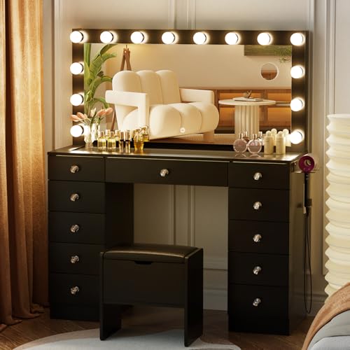 White Vanity Desk with Lighted Mirror and Stool Y442239