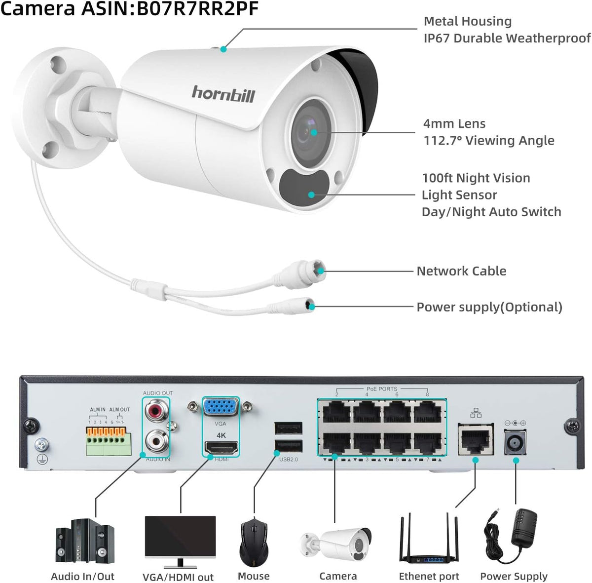 4K PoE Security Camera System 8MP 8CH 4Pcs Wired IP Cameras with Night Vision 2TB Hard Drive T310370