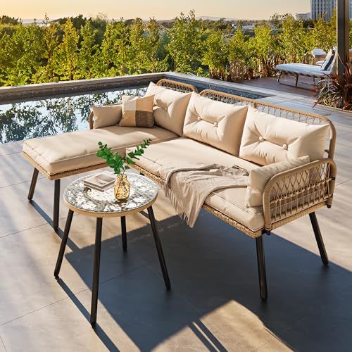 Beige Wicker Patio Furniture Set with Cushions and Side Table G99101
