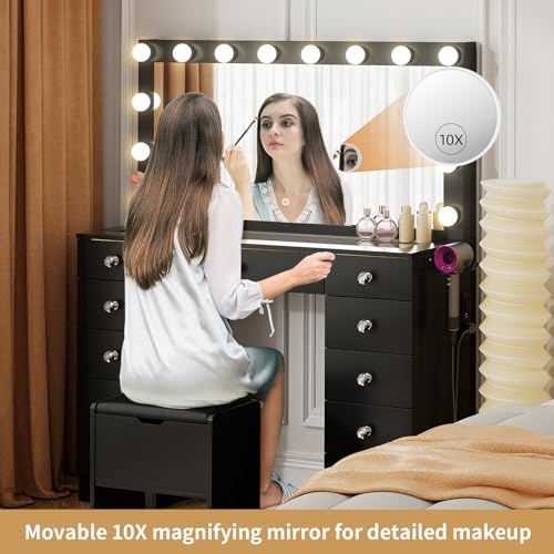 White Vanity Desk with Lighted Mirror and Stool Y442239
