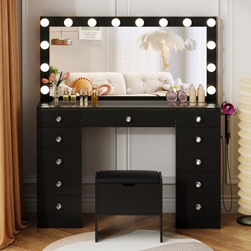 White Vanity Desk with Lighted Mirror and Stool Y442239