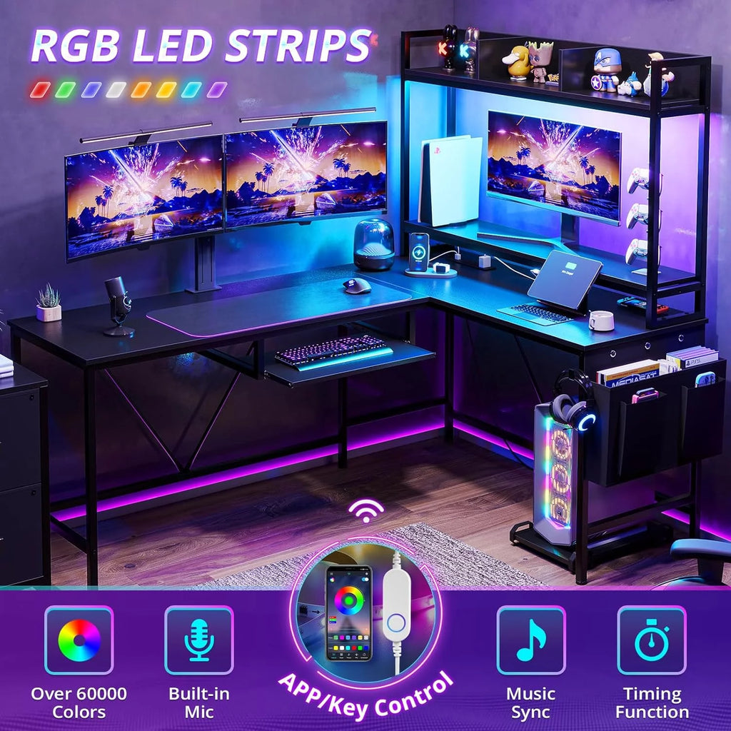 L Shaped Desk with Storage Shelves, File Drawer, Power Outlet, LED Light, Black L89707