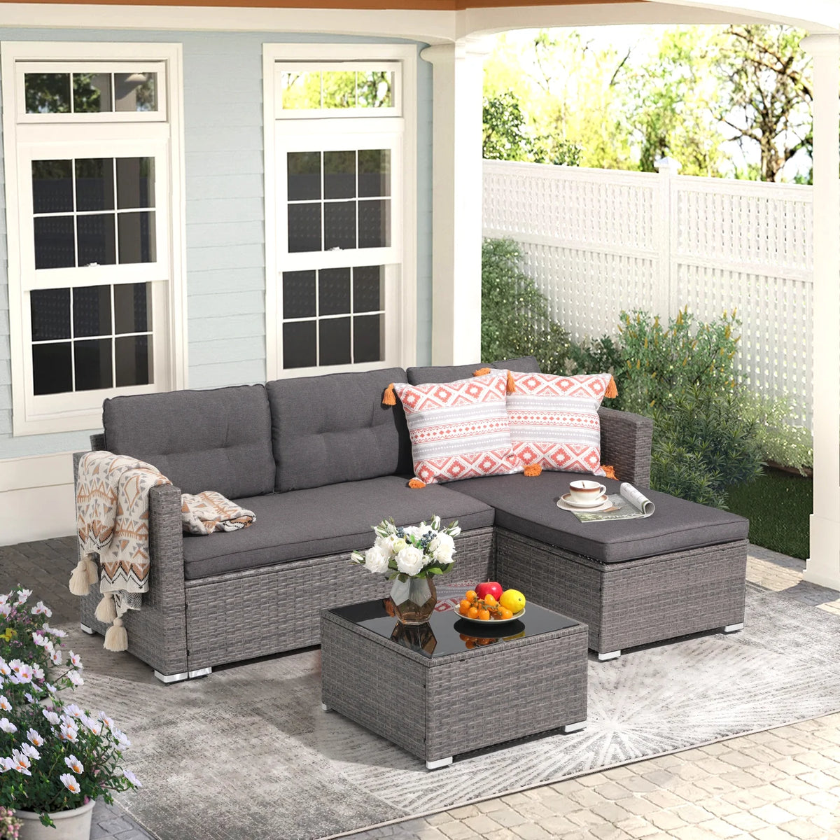 3 Pieces PE Wicker Rattan Patio Conversation Set with Cushions and Tempered Glass Coffee Table O616