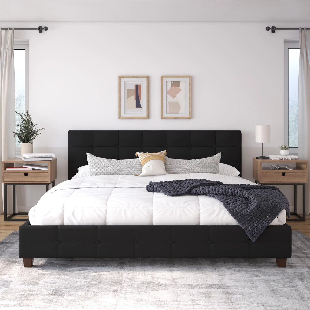 Black Linen King Upholstered Platform Bed Frame K37077