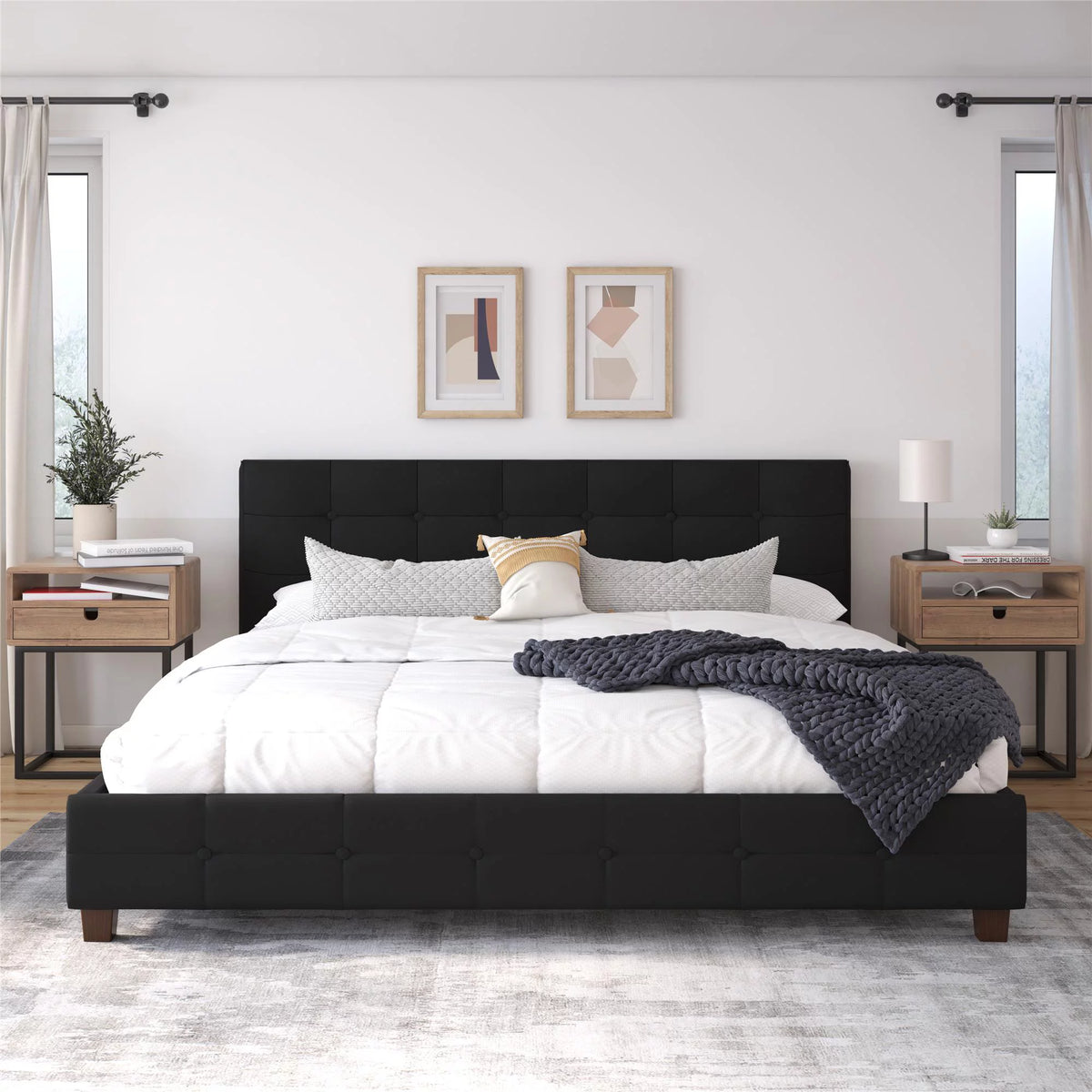 Black Linen King Upholstered Platform Bed Frame K37077