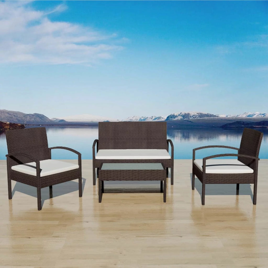 4 Piece Cream White Cushioned Poly Rattan Patio Lounge Set C223126