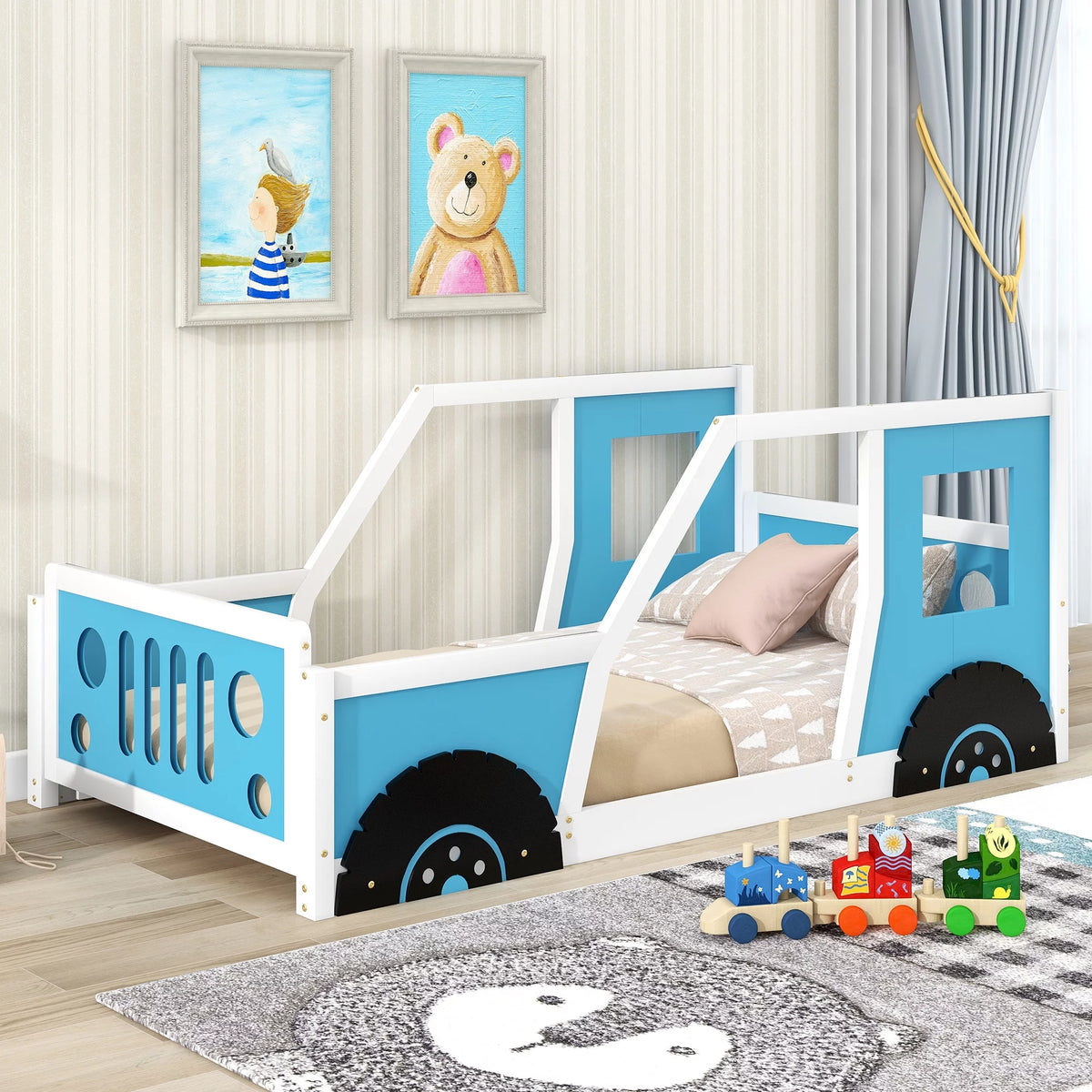 Blue Car-Shaped Twin Platform Bed with Wheels B32862