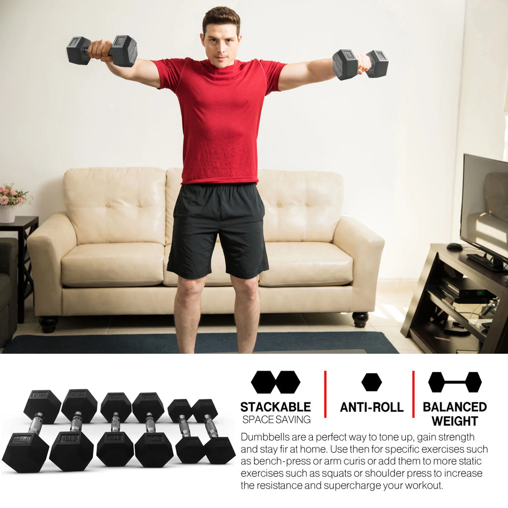 5, 8, 10, 12 and 15 Pound Hexagonal Dumbbell Weight Set with Rack W769