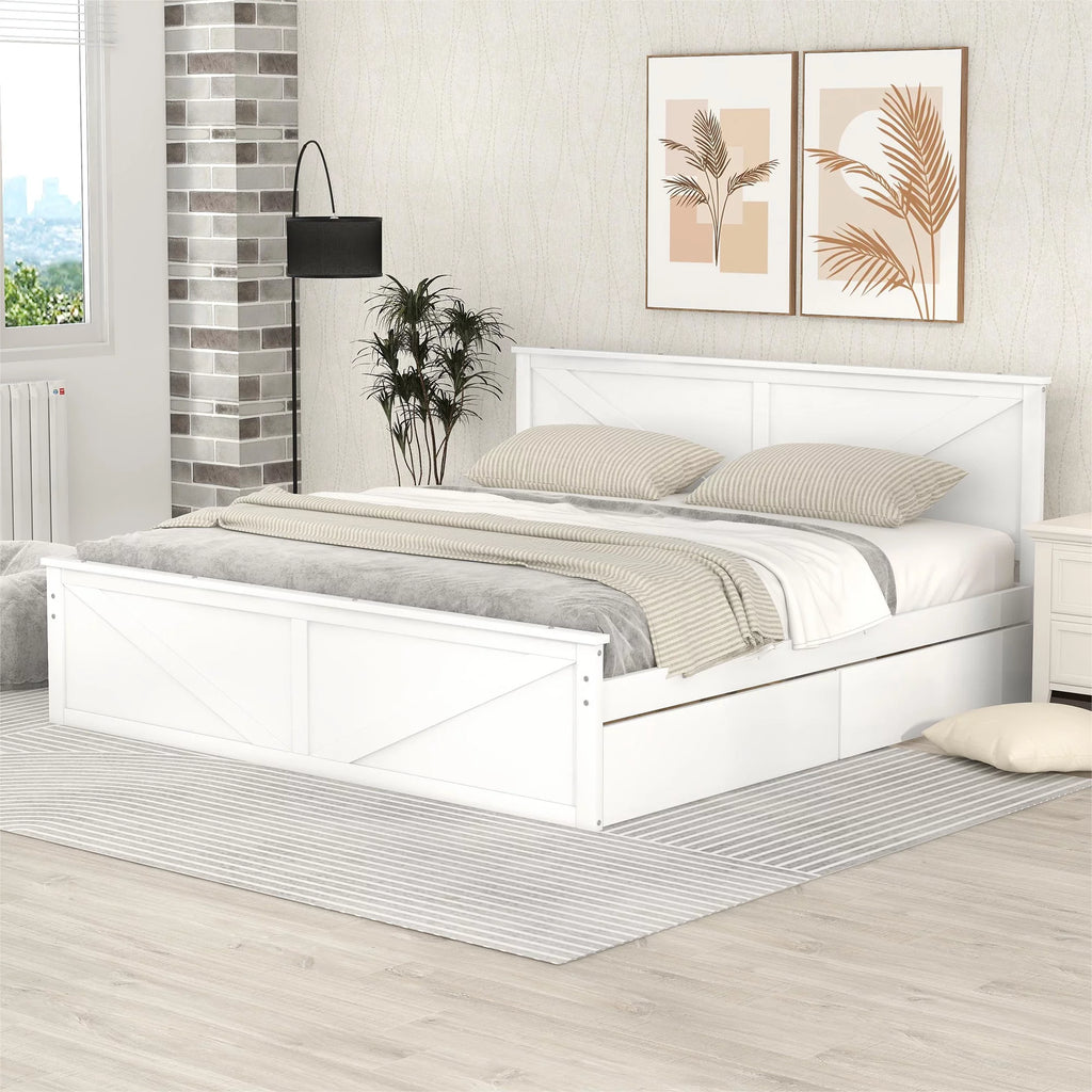 King Size White Wooden Platform Bed with Storage Drawers Z136