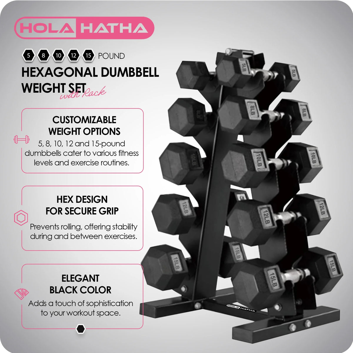 5, 8, 10, 12 and 15 Pound Hexagonal Dumbbell Weight Set with Rack W769