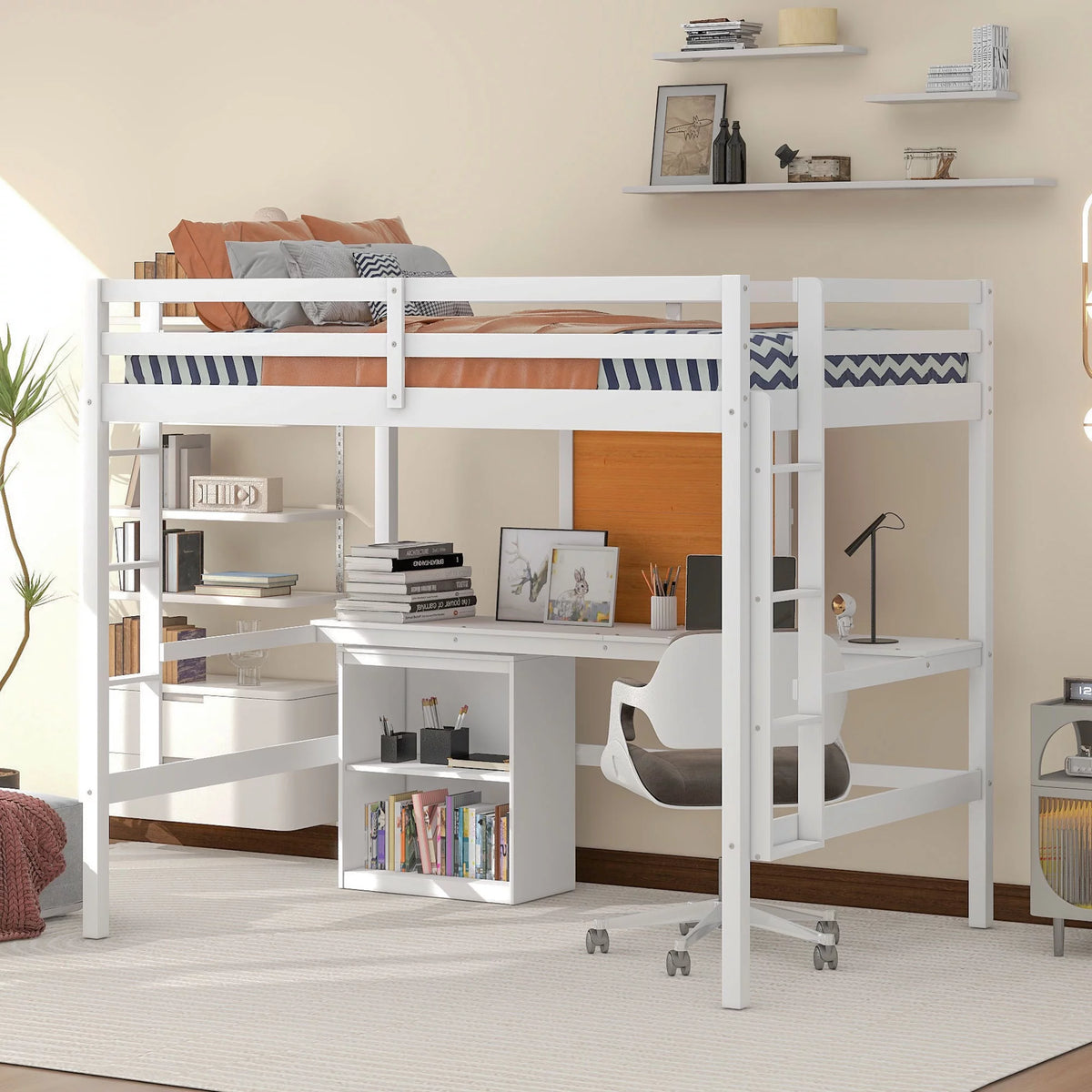 Full Size White Wooden Loft Bed with Built-in Desk and Shelves Q89724