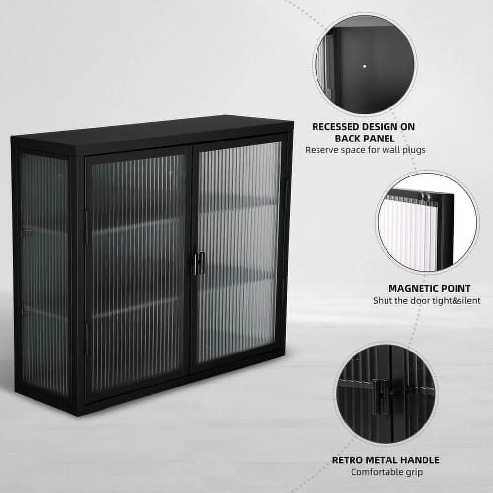 Double Glass Door Wall Cabinet with Detachable Shelves Black O52965