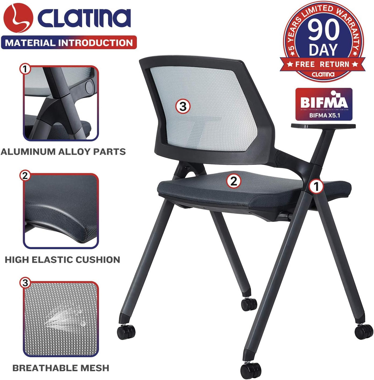 Black Mesh Stack Chairs with Caster Wheels and Arms 2 Pack B922490