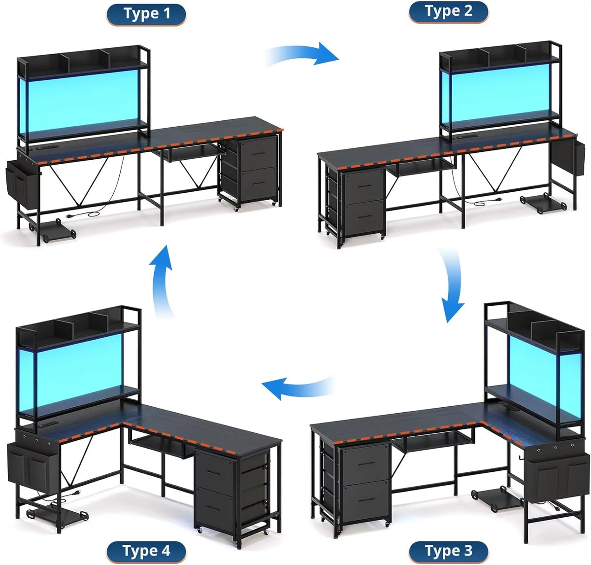 L Shaped Desk with Storage Shelves, File Drawer, Power Outlet, LED Light, Black L89707