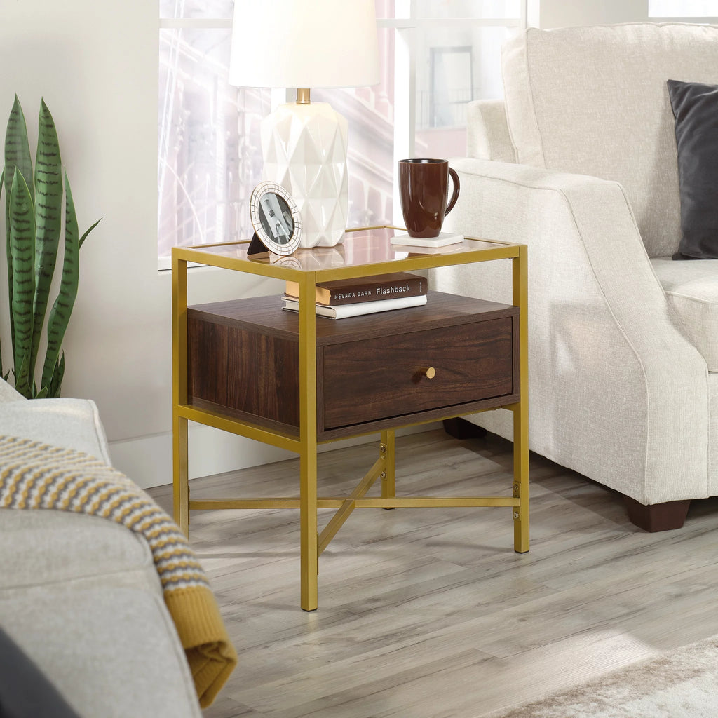 1 Drawer Glass Top Gold Metal Rectangular End Table Z91379