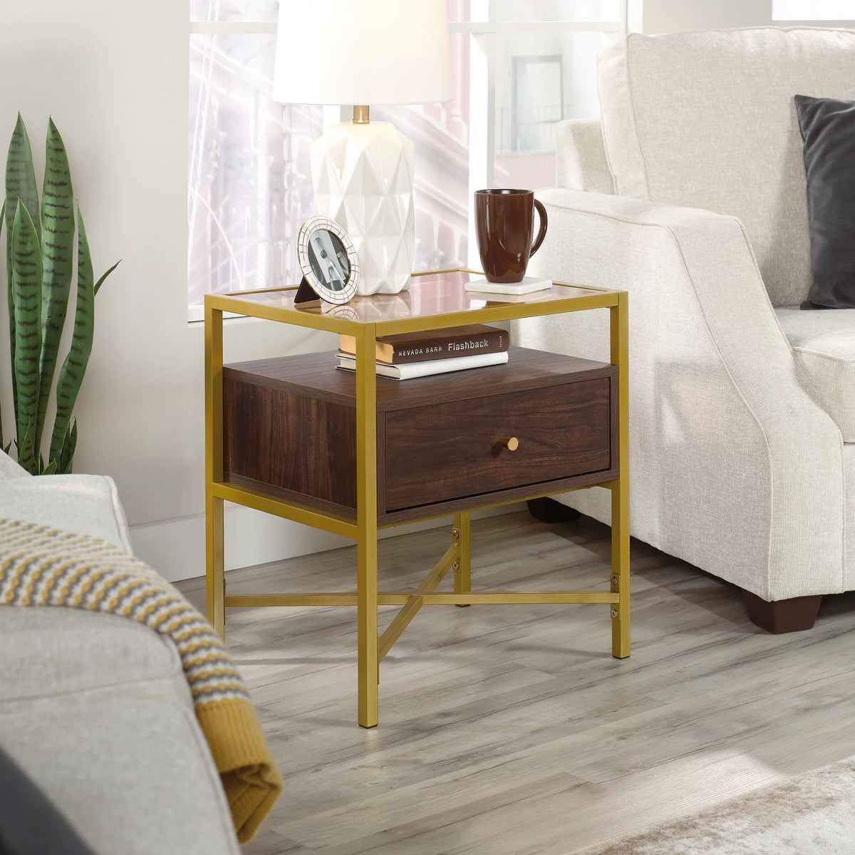 1 Drawer Glass Top Gold Metal Rectangular End Table Z91379