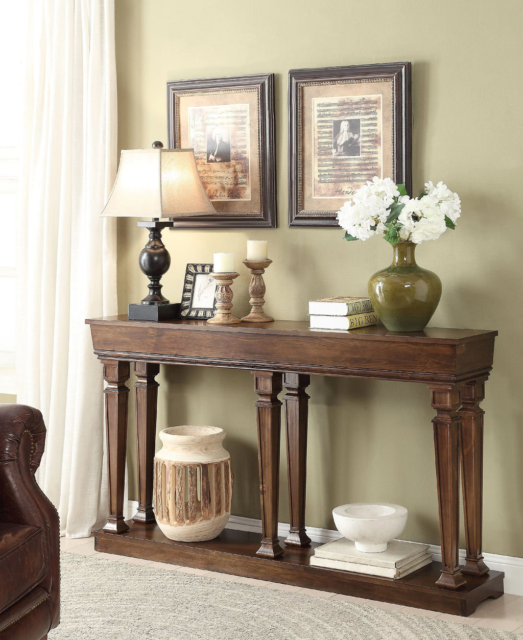 Oak Brown Wooden Console Table with Bottom Shelf X9271