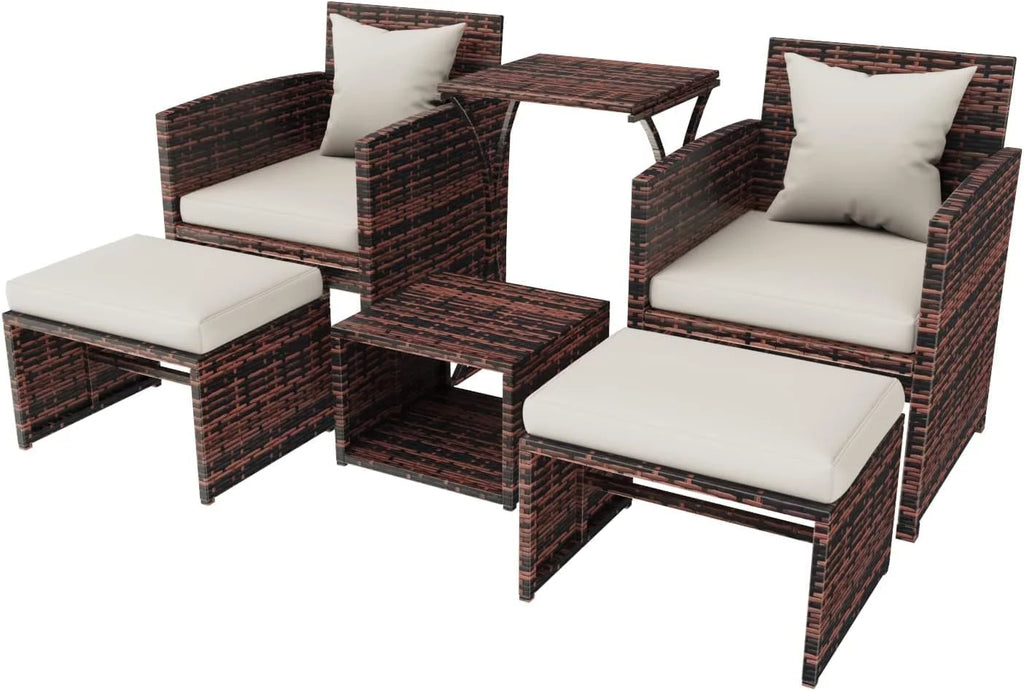 Brown Wicker 6 Piece Patio Furniture Set with Ottoman and Beige Cushion K308