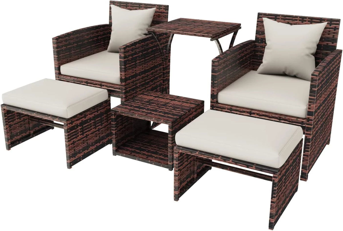 Brown Wicker 6 Piece Patio Furniture Set with Ottoman and Beige Cushion K308