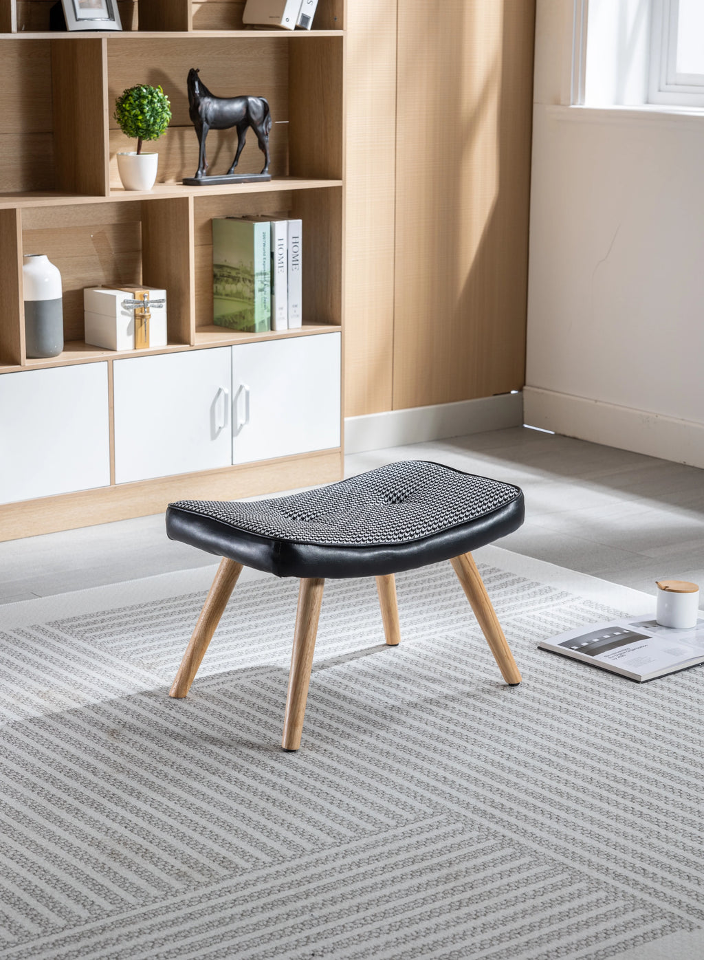 Black Wooden Square Cushion Foot Stool Y709534