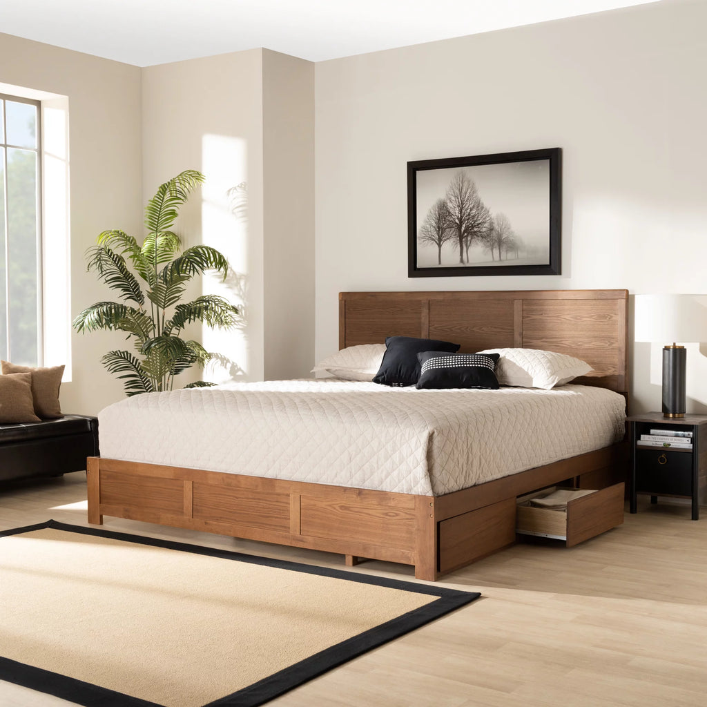 King Ash Walnut Wood Storage Platform Bed F2058