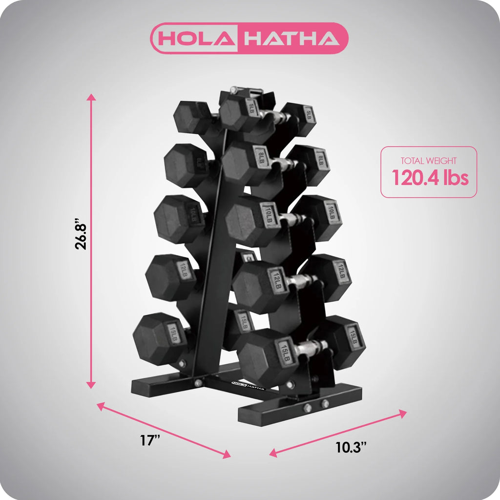 5, 8, 10, 12 and 15 Pound Hexagonal Dumbbell Weight Set with Rack W769
