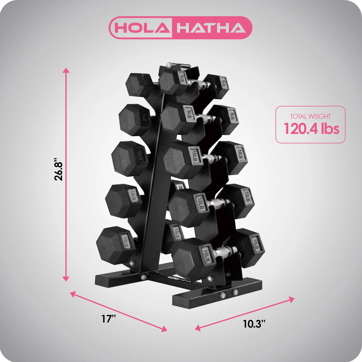 5, 8, 10, 12 and 15 Pound Hexagonal Dumbbell Weight Set with Rack W769