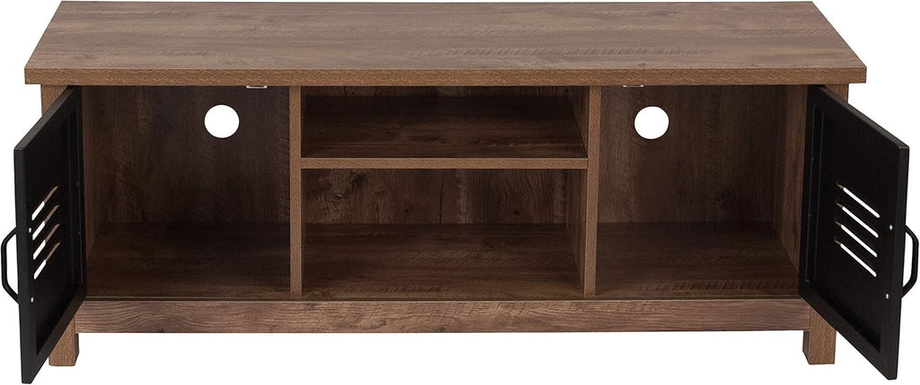 Oak Wood Grain Storage Bench with Metal Cabinet Doors Y769139