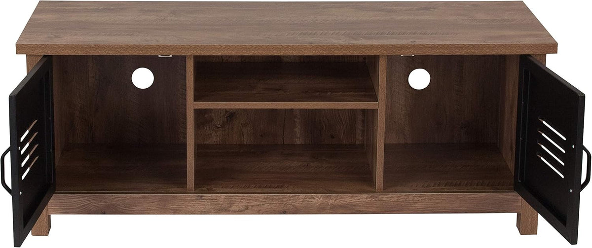 Oak Wood Grain Storage Bench with Metal Cabinet Doors Y769139