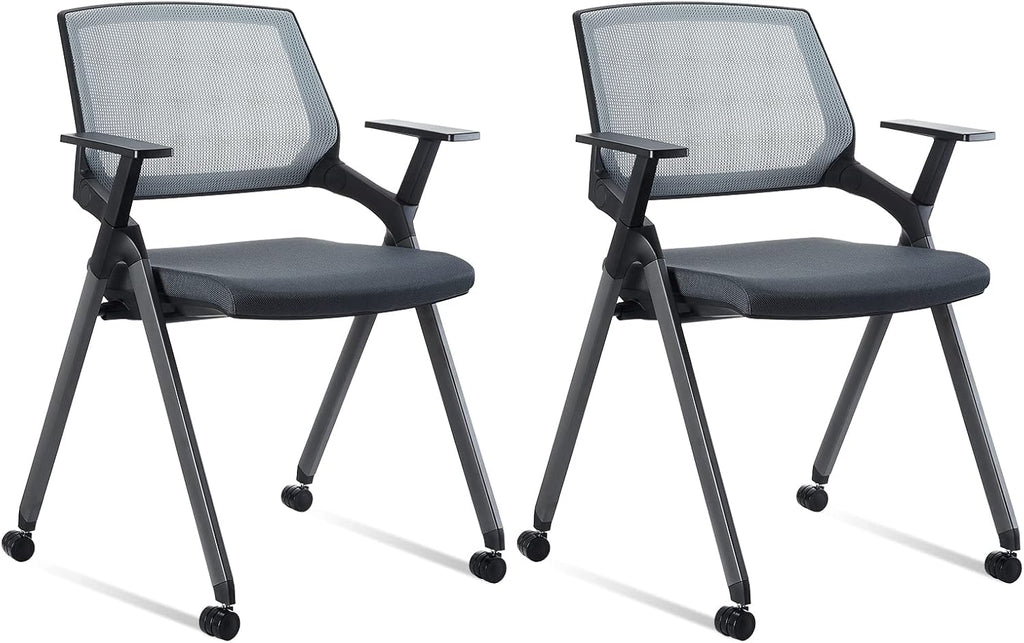 Black Mesh Stack Chairs with Caster Wheels and Arms 2 Pack B922490