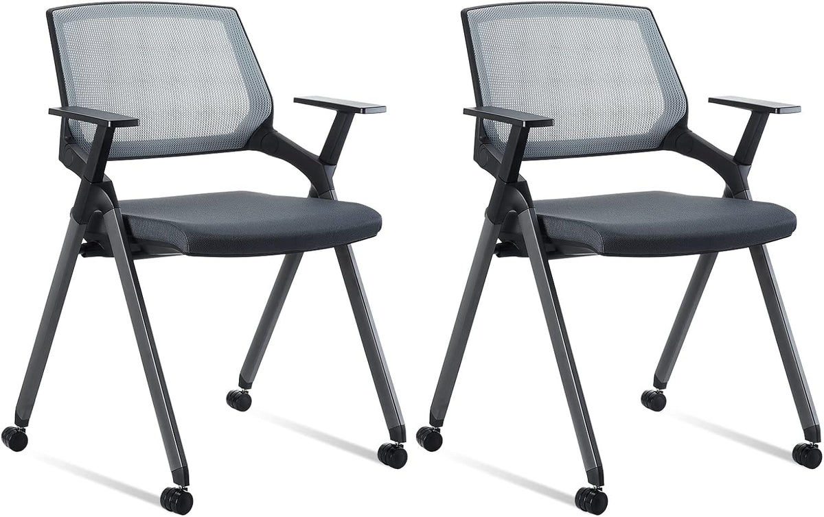 Black Mesh Stack Chairs with Caster Wheels and Arms 2 Pack B922490