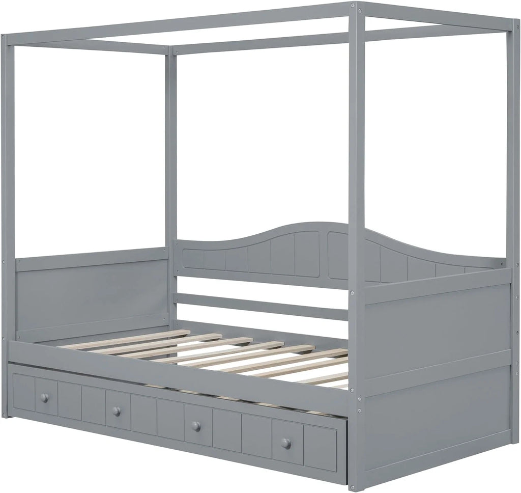 Twin Size Four-Poster Wood Canopy Bed with Trundle L365