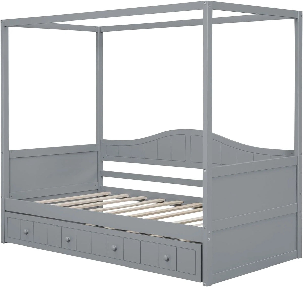Twin Size Four-Poster Wood Canopy Bed with Trundle L365