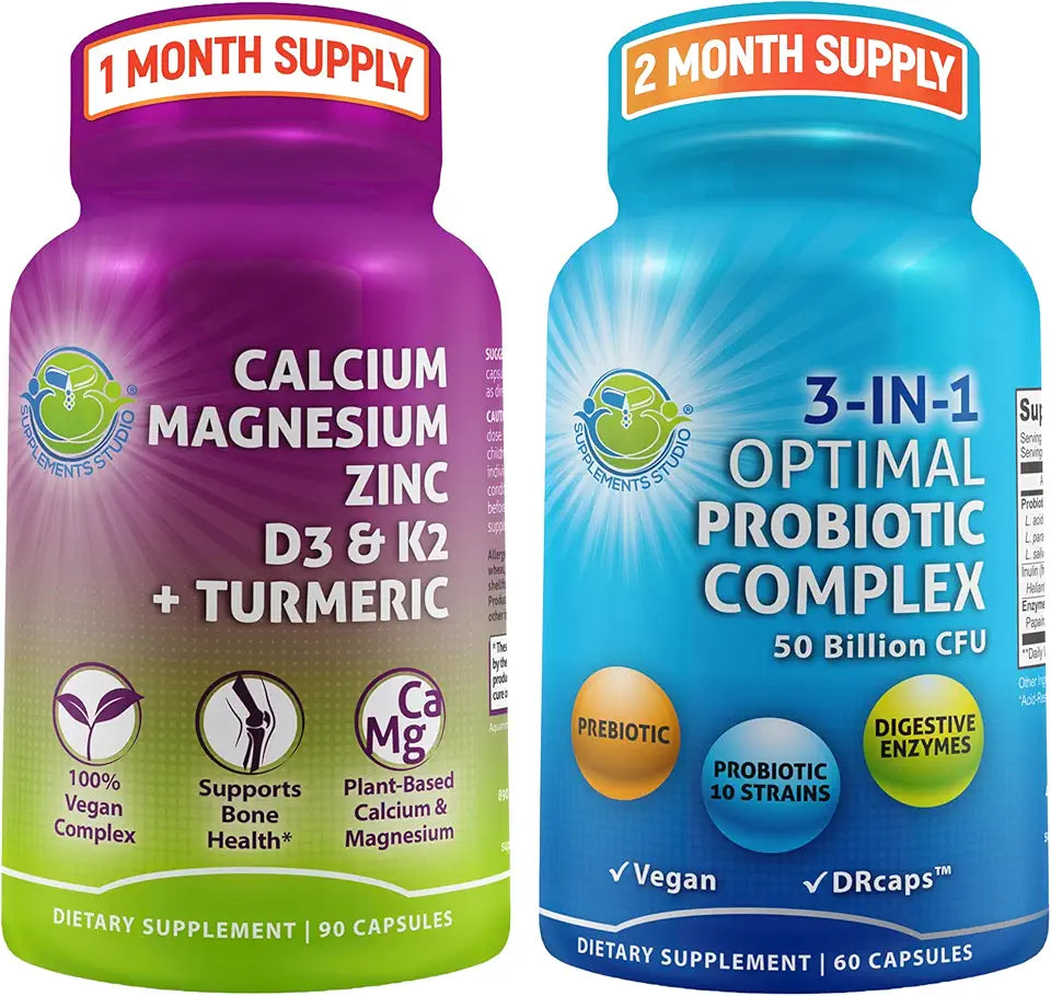 Probiotics with Digestive Enzymes and Prebiotic, 3-in-1 Vegan Multi Enzyme Complex, Plant-Based Calcium 500mg Z229