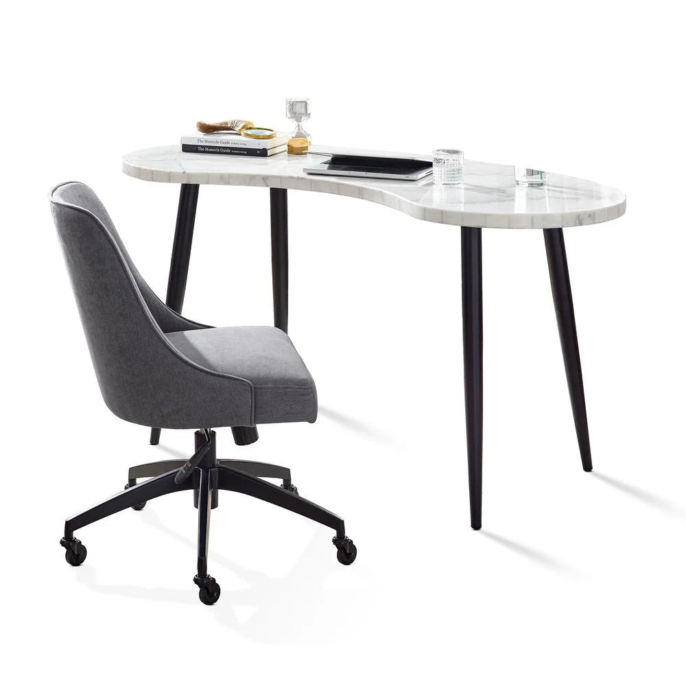 White Marble Desk and Gray Upholstered Chair Set H568