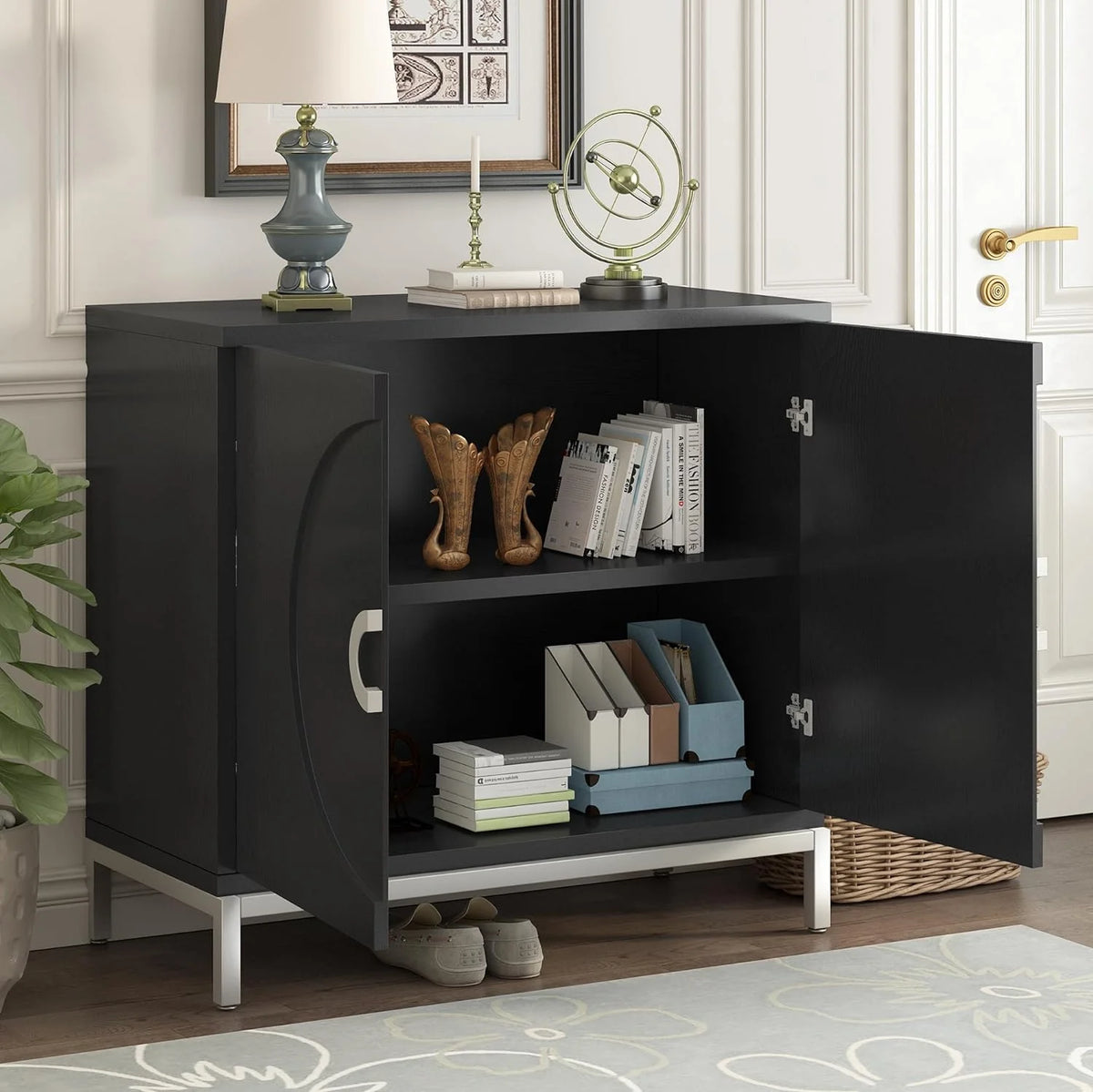 Black Storage Cabinet with Solid Wood Veneer X17900