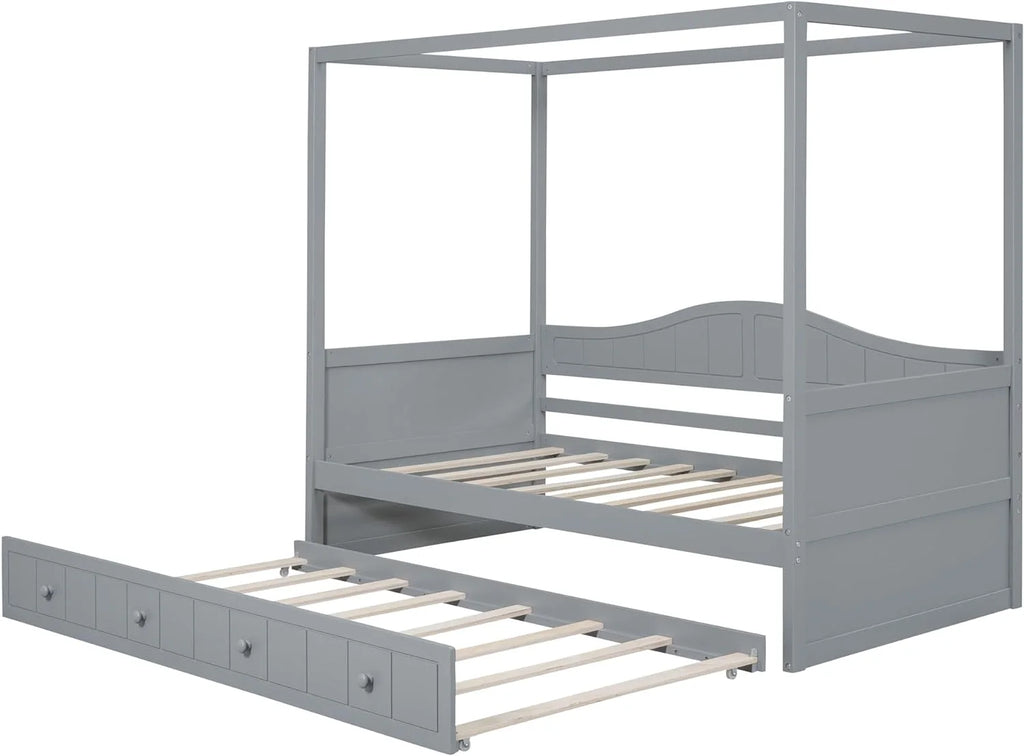 Twin Size Four-Poster Wood Canopy Bed with Trundle L365
