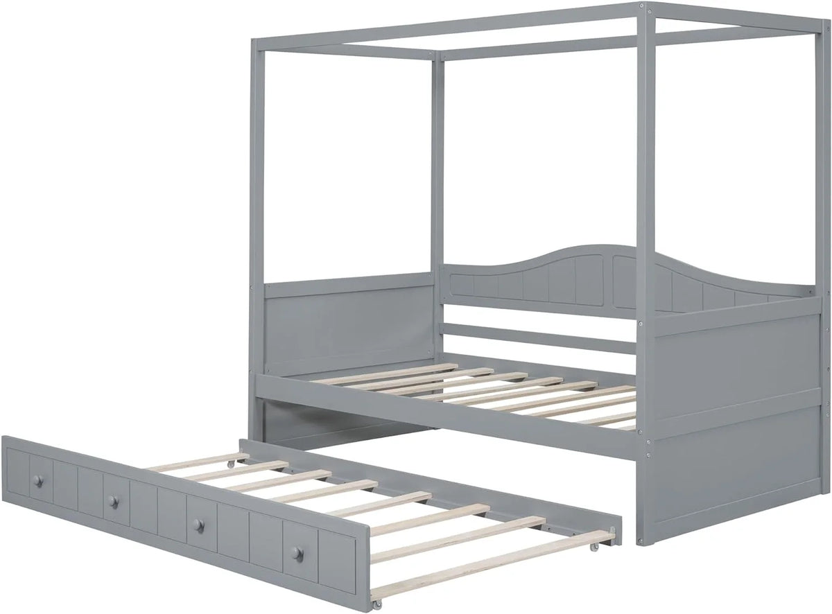 Twin Size Four-Poster Wood Canopy Bed with Trundle L365