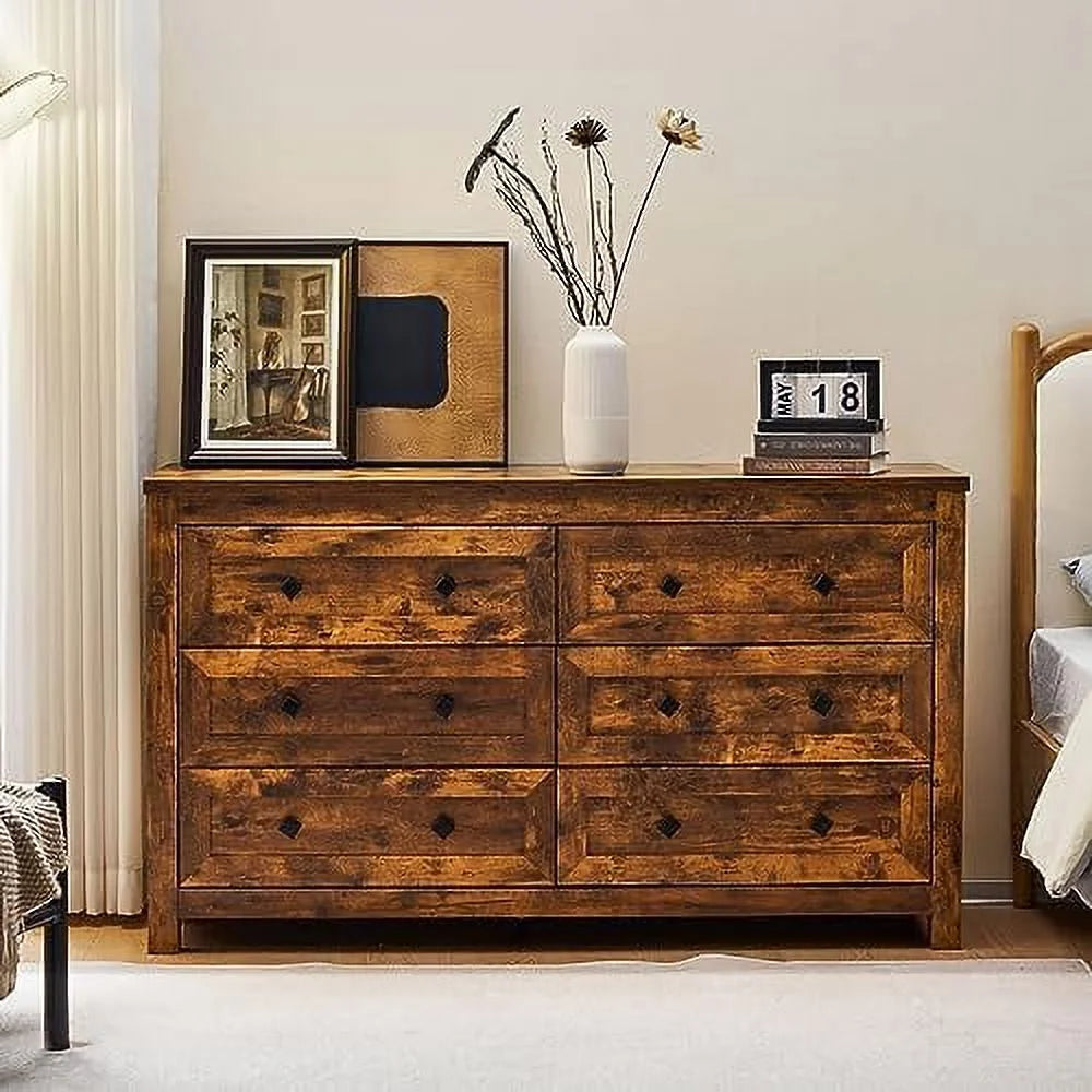 6 Drawer Wood Dresser with Vintage Grain Texture E39704