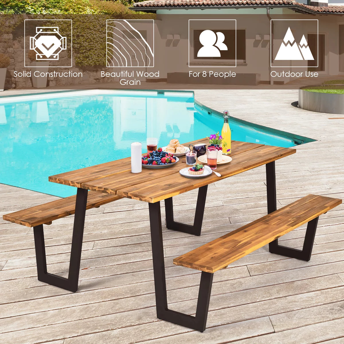 Patented Picnic Table with 2 Benches 70'' Dining Table Set with Seats and Umbrella Hole Q1715