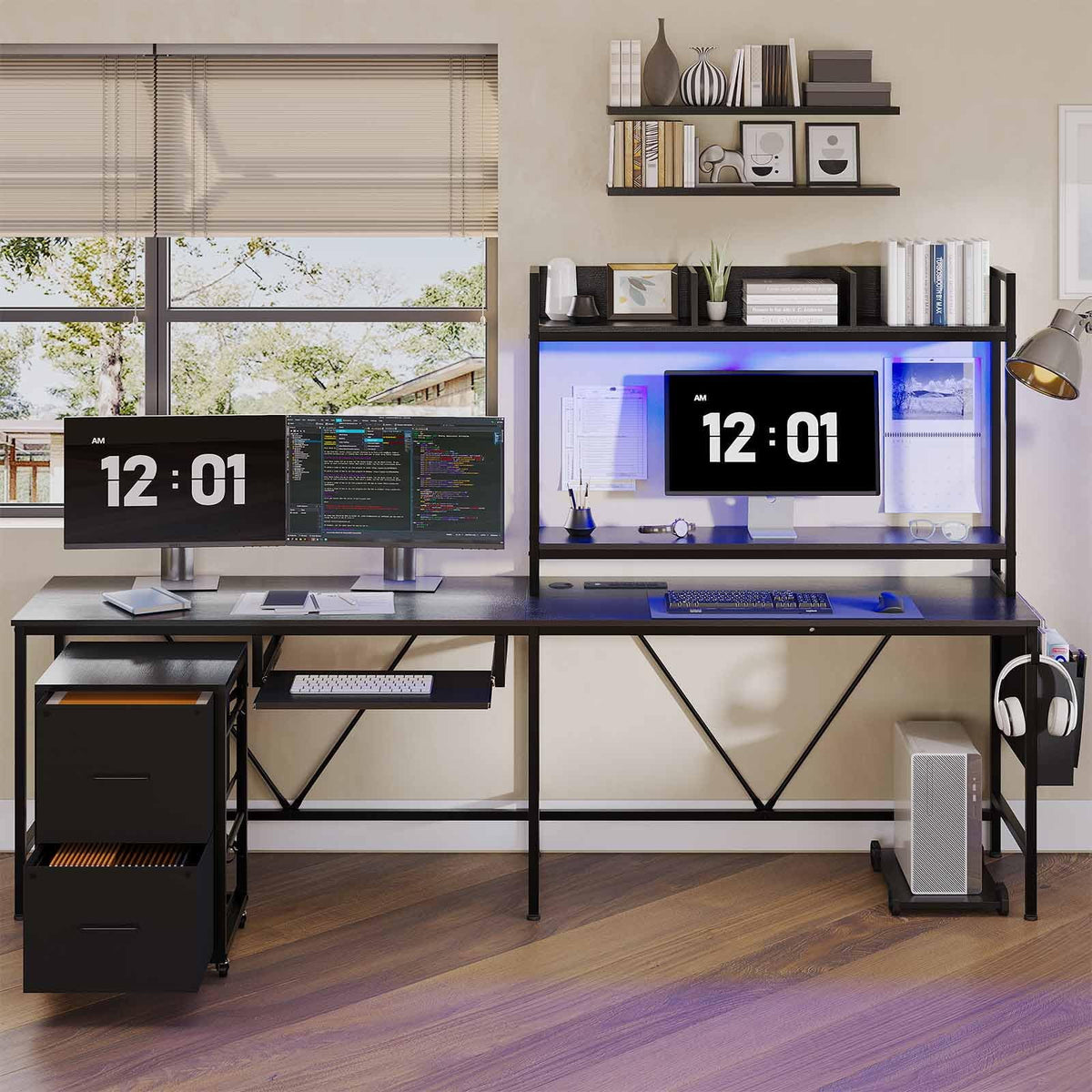 L Shaped Desk with Storage Shelves, File Drawer, Power Outlet, LED Light, Black L89707