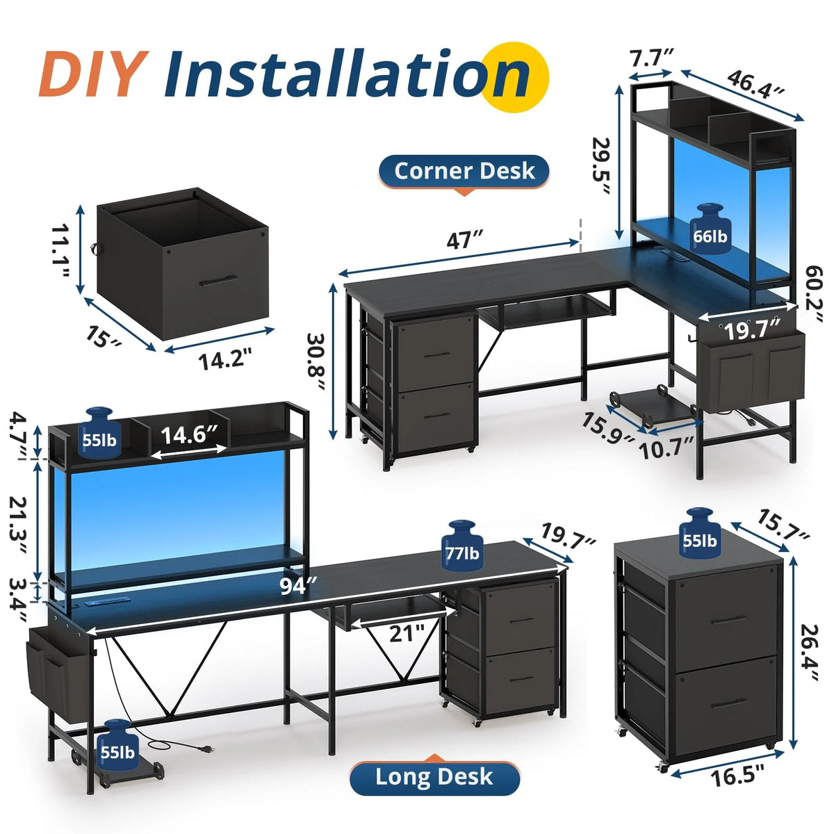 L Shaped Desk with Storage Shelves, File Drawer, Power Outlet, LED Light, Black L89707
